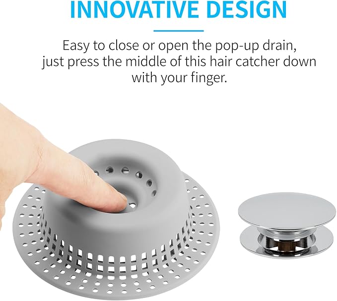 Shower Drain Hair Catcher, Bathtub Drain Cover Hair Trap Strainer Upgraded Protector with Silicone & Stainless Metal Designed for Pop-Up and Regular, Effective Without Slowing Drainage