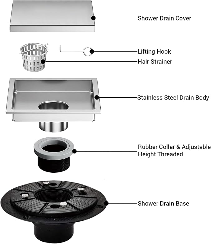 6 Inch Square Shower Floor Drain, Shower Drain Kit with Flange and 2 in 1 Tile-Insert Cover, Square Shower Drain, SUS 304 Stainless Steel Floor Drain,Silver