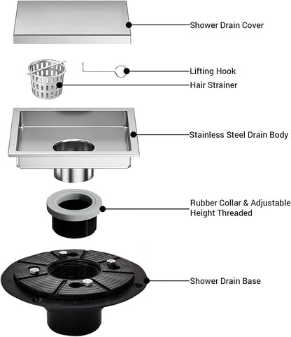 6 Inch Square Shower Floor Drain, Shower Drain Kit with Flange and 2 in 1 Tile-Insert Cover, Square Shower Drain, SUS 304 Stainless Steel Floor Drain,Silver