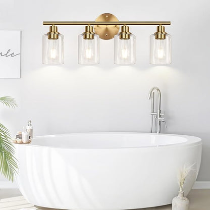 4-Light Bathroom Light Fixtures, Brushed Gold Modern Vanity Lights Over Mirror with Clear Glass Shade, Bathroom Wall Lamp for Mirror Kitchen Living Room Hallway Cabinet Porch Bedroom Reading room