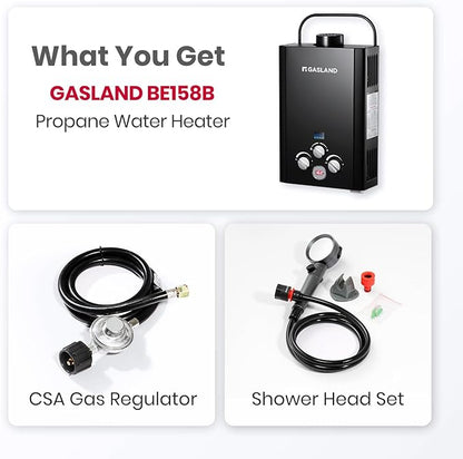 GASLAND BE158B CSA Certified Portable Tankless Water Heater – Features Digital Display & Multi-Protection, 1.58 GPM Propane Hot Water for Outdoor & Mobile Use – Black