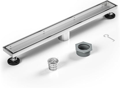 Linear Shower Drain 24", Brushed Floor Drain with Tiled Insert Grate & Hair Strainer, 304 Stainless Steel Bathroom 2-in-1 Tiled in Drain, CUPC Certified (Brushed, 24'')