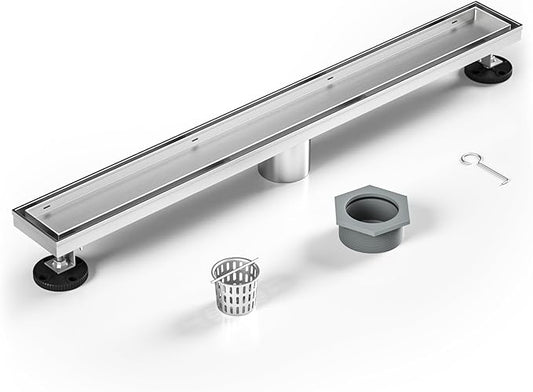 Linear Shower Drain 24", Brushed Floor Drain with Tiled Insert Grate & Hair Strainer, 304 Stainless Steel Bathroom 2-in-1 Tiled in Drain, CUPC Certified (Brushed, 24'')