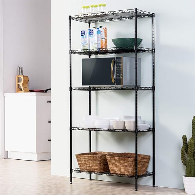 BNSPLY 5 Tier Wire Shelving Unit, Height Adjustable Wire Shelves, Metal Storage Rack Organizer for Laundry, Kitchen, Bathroom, Pantry, Closet (12.6" D x 23.6" W x 59" H, Black)