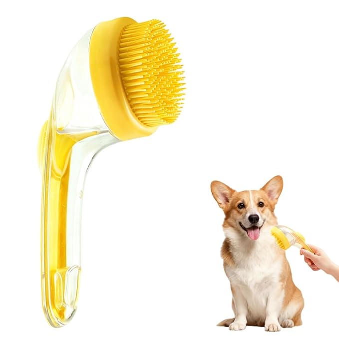 Pet Bath Brush 2 in 1 Dog Shampoo Brush with Built-in Shampoo Dispenser for Long Short Haired Dogs Cats Bubble Maker for Bathing Grooming (Yellow)