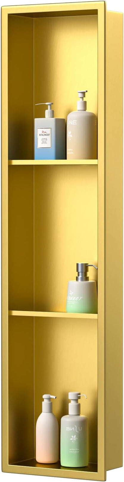 Stainless Steel Shower Niche 8"×36" with 3-Tier Shelve Gold No Tiled Needed Niche Shower for Wall Recessed Shower Shelf for Bathroom Storage