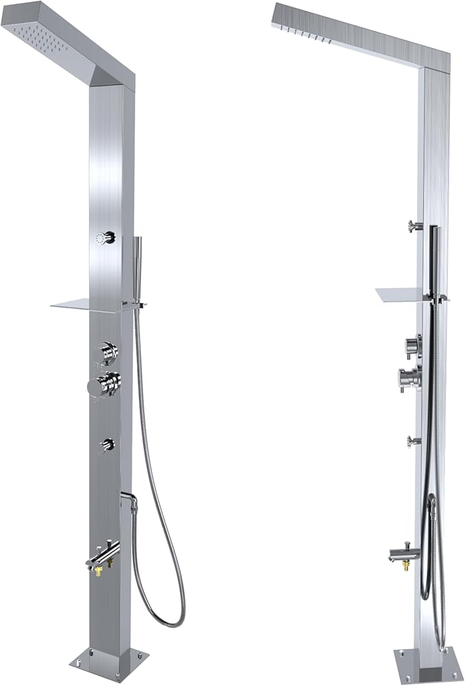 RENO 316 Marine Grade Brushed Stainless Steel Massage Outdoor Shower Panel Swimming Pool Backyard Bathroom Hot & Cold Rainfall Hand Held Wall Mounted or Free Standing Outside Shower