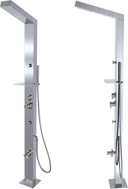 RENO 316 Marine Grade Brushed Stainless Steel Massage Outdoor Shower Panel Swimming Pool Backyard Bathroom Hot & Cold Rainfall Hand Held Wall Mounted or Free Standing Outside Shower