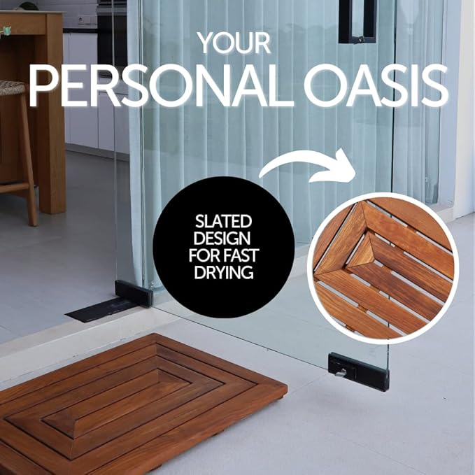 Nordic Style Premium Teak Shower and Bath Mat for Indoor and Outdoor Use - Non-Slip Wooden Platform for Spa, Sauna, Pool, Hot Tub - Flooring Decor and Protector (31.4" x 19.6", Oiled Finish)