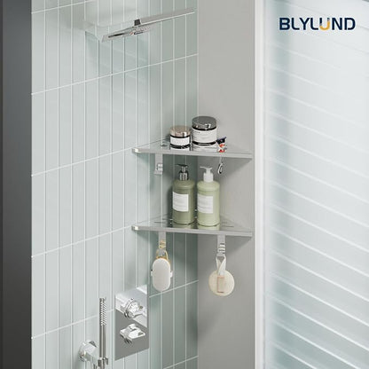 10’’ Shower Corner Shelf, Stainless Steel Shower Shelves with Razor Hole for Bathroom, Grout in Corner Shelf with Hooks for Tiled Wall 2 Pack, Polished