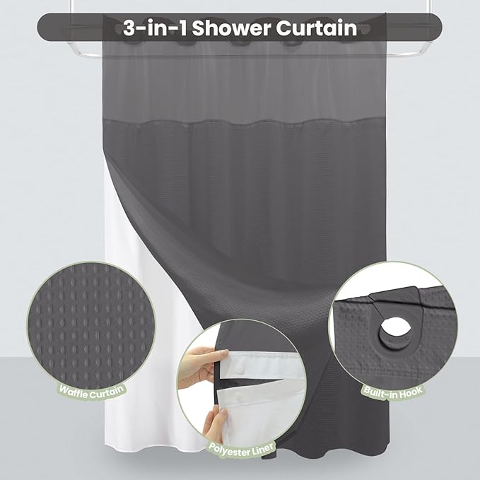 Inhousolu Long No Hook Shower Curtain with Snap in Fabric Liner Set Waffle Weave 230GSM Weighted Hem, Waterproof & Washable Bathroom Curtain Spa Luxury with Mesh Top Window 72"W x 78"L Graphite Grey