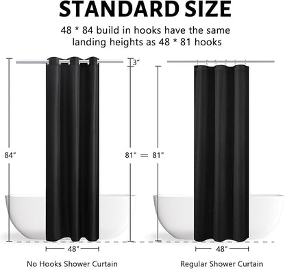 No Hook Stall Size Shower Curtain,Polyester Fabric Small Narrow Shower Curtain Liner with 6 Plastic Split Grommets,Machine Washable & Waterproof Hotel Style Curtains for Bathroom,Black,48x84 Inch