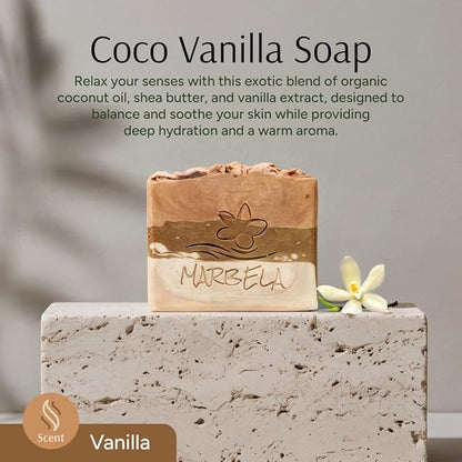 Marbela Cosmetics Coco Vanilla Handmade Soap Bar - Made in USA, Vegan Friendly, Palm Oil Free, Natural Bar Soap - Gentle Face & Body Soap for Daily Skin Care, Moisturizing & Nourishing - 3.5 oz