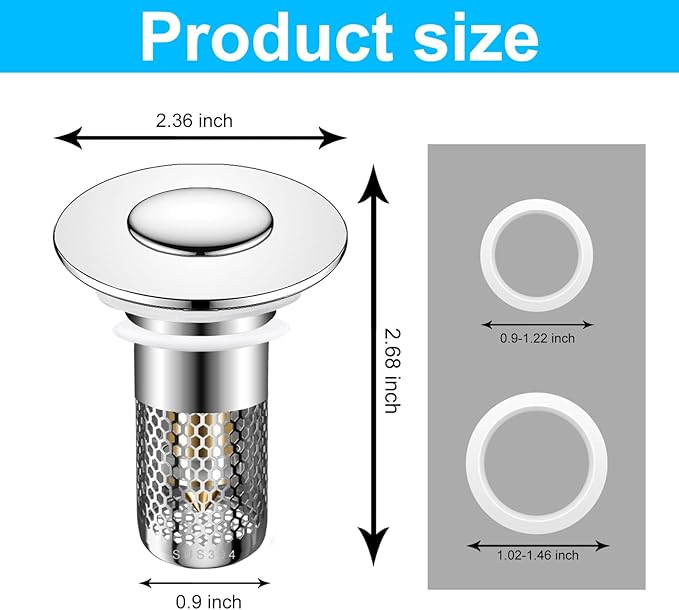 2PCS Bathroom Sink Stopper Hair Catcher Strainer, Pop Up Sink Drain Filter with Removable Stainless Steel Filter Basket Hair Catcher, for US Bathroom Sinks, Bathtubs, Showers, Floor Stopper
