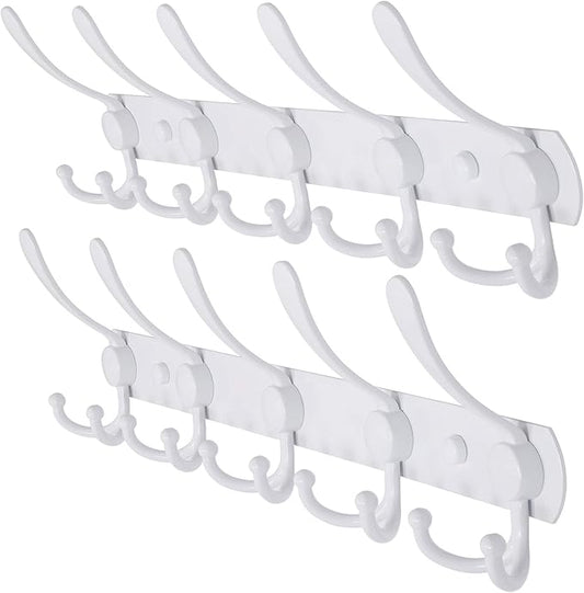 Dseap Wall Mounted Coat Rack - 5 Tri Hooks, Heavy Duty, Stainless Steel, Metal Coat Hook Rail for Coat Hat Towel Purse Robes Mudroom Bathroom Entryway (White, 2 Packs)