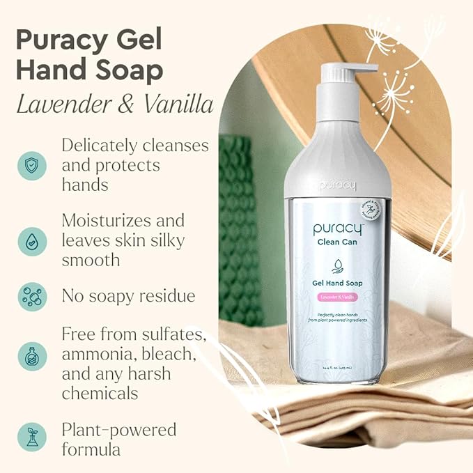 Puracy Gel Hand Soap Clean Can Starter Set - Plant-Powered Natural Hand Soap As Seen on TikTok, Non-Toxic, Sulfate-Free Liquid Gel Handwash (Lavender & Vanilla, 14.4 fl oz)
