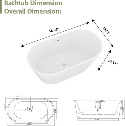 Mocoloo 59 Inch Freestanding Bathtub - Acrylic Soaking White Tub for Bathroom Stand Alone Ergonomic Modern Bathtub with Overflow and Stianless Offset Drain