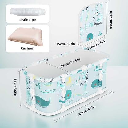 Portable Bathtub, 47“ Foldable Bathtub-Installation Free, 7 Layers Thicken with Metal Support, Therapy Tub for Shower Stall Fold Up Soaking Bath Tub, Hot SPA, Ice (Wonder Ocean D1)