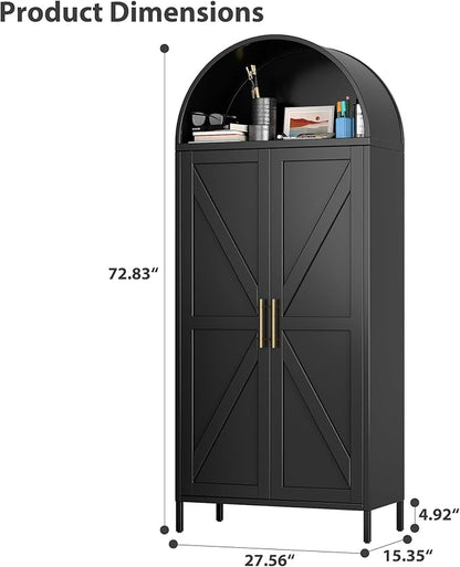 73'' Tall Metal Arched Cabinet, Modern Black Arch Bookshelf Display Cabinet with Doors/Shelves/Internal Drawers for Home Office Kitchen Bar Living Room