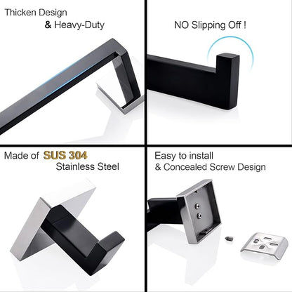 TURS 5-Piece Bathroom Hardware Set Matte Black and Polished Chrome Towel Bar Holder Set Hand Towel Holder Toilet Paper Holder and 2 Towel Hooks,Stainless Steel Wall Mounted