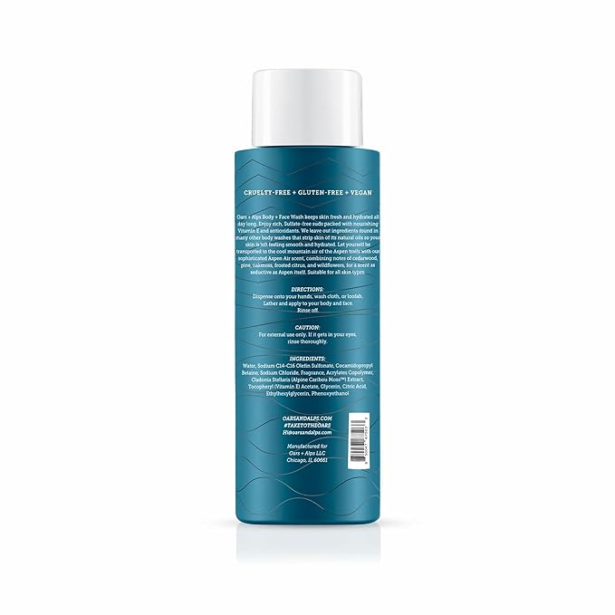 Oars + Alps Body and Face Wash for Men, Mens Body Wash & Face Cleanser with Vitamin E and Antioxidants, Moisturizing, Hydrating, Paraben & Sulfate Free Cleanser, Aspen Air, 1pk