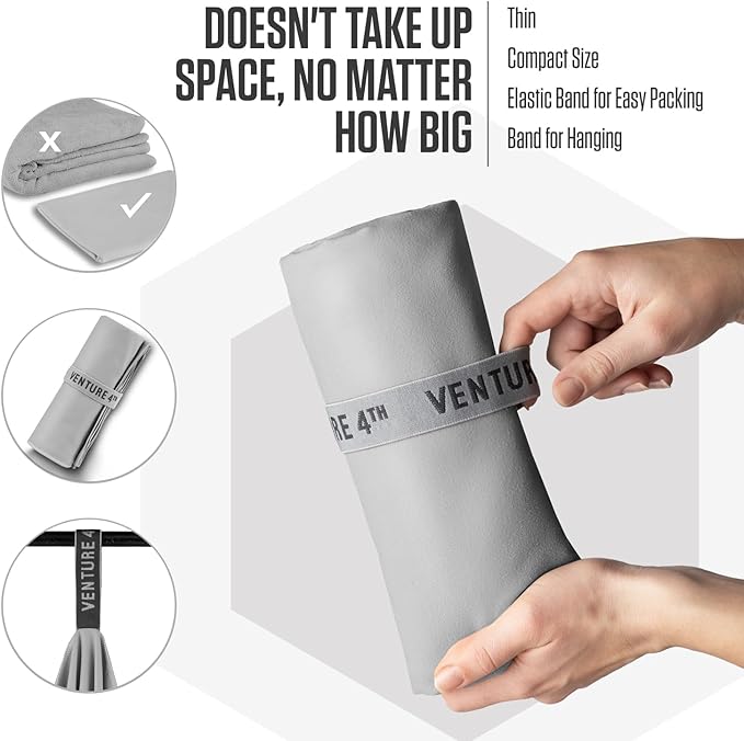 VENTURE 4TH Quick Dry Towel. Microfiber Travel Towel Ideal for Camping, Hiking, Backpacking, Gym. Lightweight & Fast Drying Travel Towels for Body. Compact & Easy to Pack - Light Gray Extra Large
