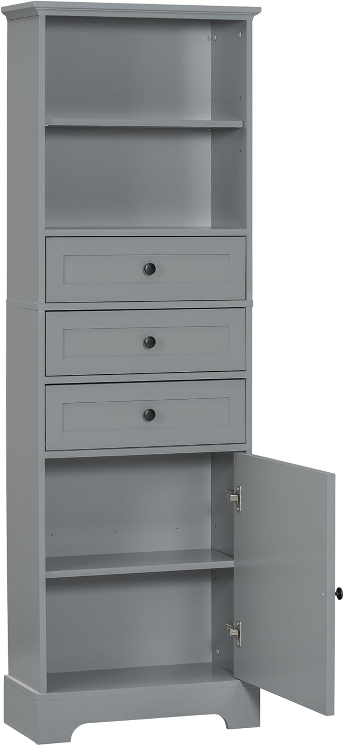 Favfurish 67" Tall Bathroom Storage Cabinet with Door and 3 Drawers,Modern Linen Cabinets w/Adjustable Shelf & 2-Tier Open Shelves,Freestanding Organizer for Bath Room,Study,Office,Grey