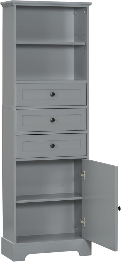 Favfurish 67" Tall Bathroom Storage Cabinet with Door and 3 Drawers,Modern Linen Cabinets w/Adjustable Shelf & 2-Tier Open Shelves,Freestanding Organizer for Bath Room,Study,Office,Grey