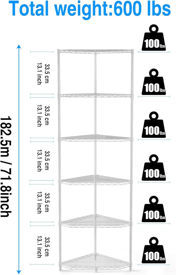 White 6 Tier NSF Metal Pentagonal Corner Wire Shelving Units, 600lbs Storage Rack with Feet for Kitchen, Utility Room, Warehouse, 72" H x 20" L x 20" W
