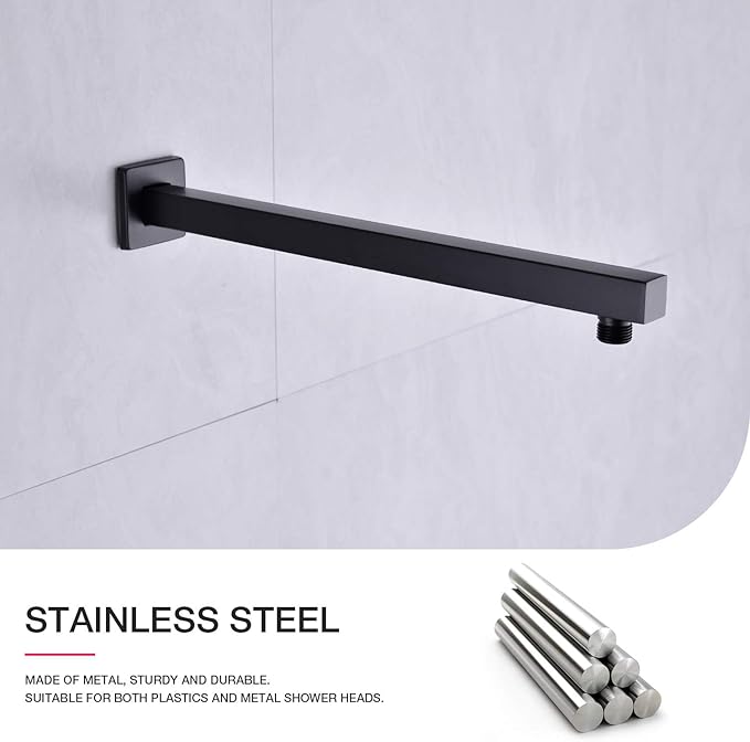 Matte Black Shower Arm with Flange 16 Inch Wall Mounted Extension Arm for Bathroom Rainfall Shower Head, Stainless Steel, Square Shaped