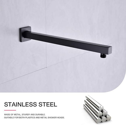 Matte Black Shower Arm with Flange 16 Inch Wall Mounted Extension Arm for Bathroom Rainfall Shower Head, Stainless Steel, Square Shaped