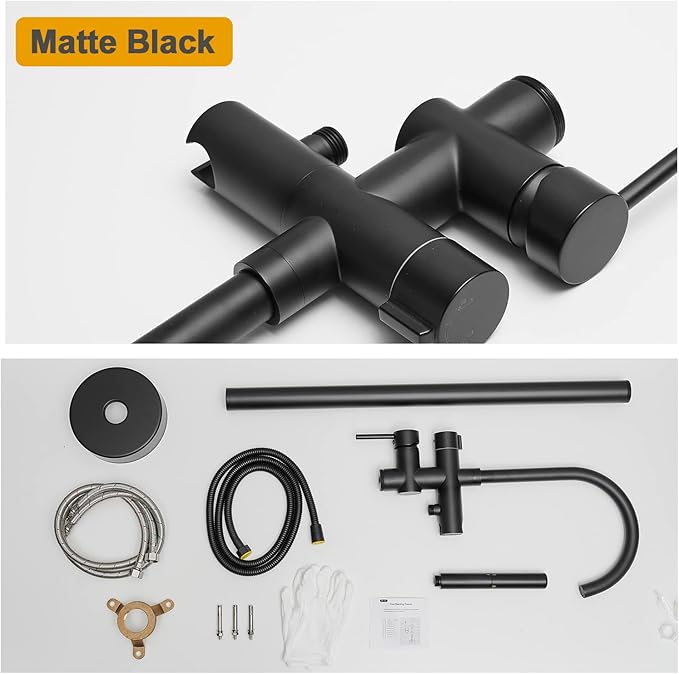 BESy Freestanding Bathtub Faucet Tub Filler Free Standing Floor Mount Stand Brass Bathroom Tub Faucets with 2 Function Hand Shower Wand Swivel, Matte Black Finish