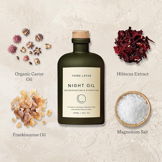 Night Oil – 100% Organic Cold-Pressed, Hexane-Free, Extra Virgin Castor Oil with Magnesium & Frankincense, Body Serum for Skin Hydration & Evening Self-Care (14 fl oz)