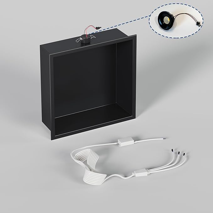 Neodrain 12X12Inch Shower Niche with Non-dimmable LED Downlight, Matte Black Wall Niche Stainless Steel No Tile Needed Recessed Niche for Bathroom Storage