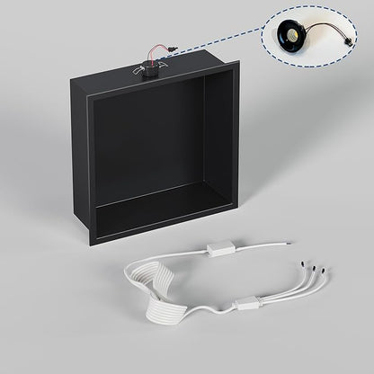 Neodrain 12X12Inch Shower Niche with Non-dimmable LED Downlight, Matte Black Wall Niche Stainless Steel No Tile Needed Recessed Niche for Bathroom Storage