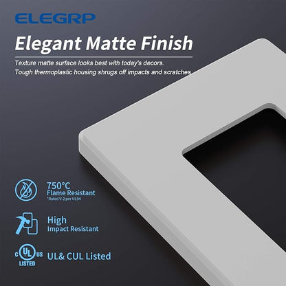 ELEGRP Matte White 1-Gang Screwless Decorative Wall Plates, Standard Size Unbreakable Thermoplastic Faceplate Cover for Decorator Receptacle Outlet Switch, UL Listed (10 Pack)