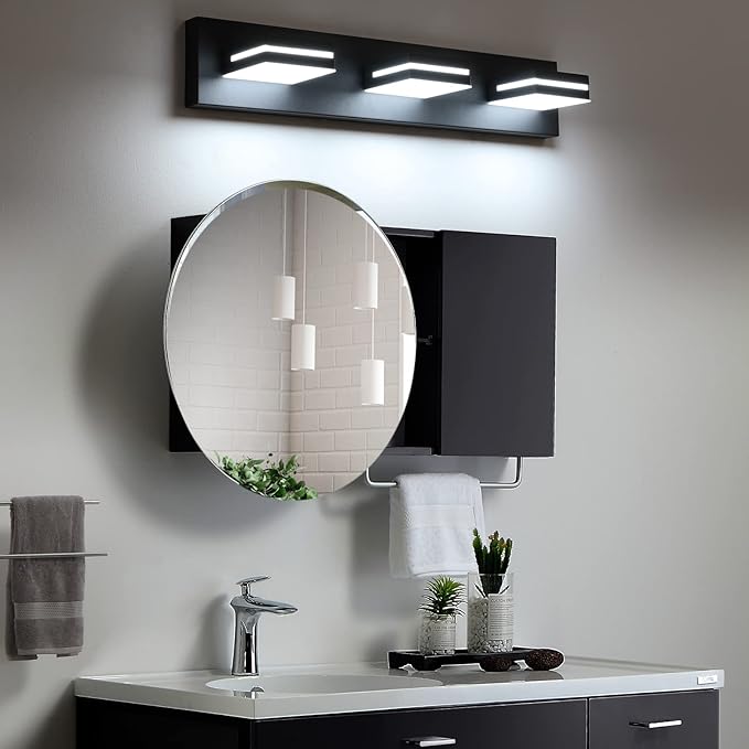SineRise LED Modern Bathroom Vanity Light Fixtures (3-Light, 24-Inch, Dimmable), Matte Black Modern Acrylic Bathroom Wall Lighting Fixtures Over Mirror (Cool White 6000K)