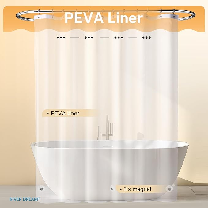 River Dream 3 in 1 Waffle Shower Curtain Set, White Fabric Shower Curtain and Clear Liner Set, with Double Sided Hooks, Waterproof, 72" W*78" H