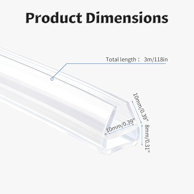 Shower Door Side Seal Strip,118 Inch U-Type Frameless Shower Door Seal, U-Type Shower Door Sweep for 3/8"(10mm) Thick Glass