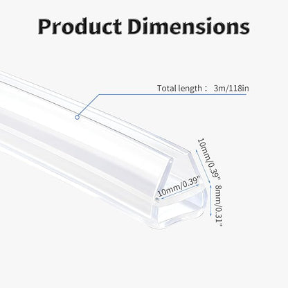 Shower Door Side Seal Strip,118 Inch U-Type Frameless Shower Door Seal, U-Type Shower Door Sweep for 3/8"(10mm) Thick Glass