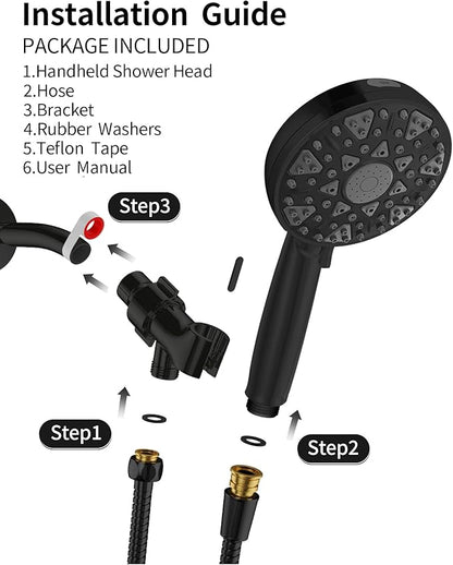 Shower Head With Handheld High Pressure 7 modes, Built-in Power Wash to Clear Tub, Tile, 5" High Powerful Hand Held Rain Showerhead with Stainless Steel Hose and Adjustable Bracket (Matte Black)