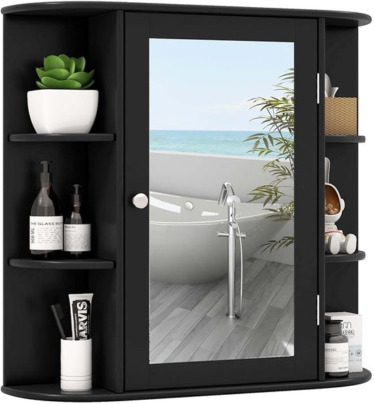 RELAX4LIFE Bathroom Wall Cabinet with Mirror - Medicine Cabinet w/Door, 6 Open Shelves & Adjustable Shelves, Over The Toilet Storage Cabinet Organizer, Mirrored Bathroom Cabinet Wall Mount (Black)