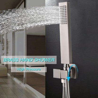Brushed Nickel 4 Way Full Body Thermostatic Shower Faucet System 12 Inch Luxury Rain Shower System with Tub Spout, Handheld Shower and 6 PCS Body Jets Shower Fixtures