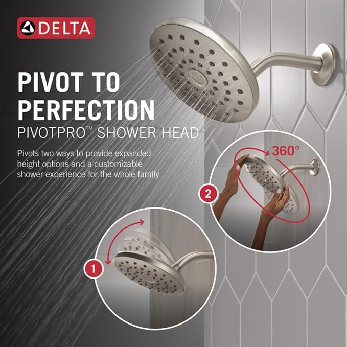 Delta PivotPro Brushed Nickel Rain Showerhead, Single Setting 7 Inch Round Shower Head, Showerheads, 1.75 GPM Flow Rate, SpotShield Brushed Nickel 75104SN