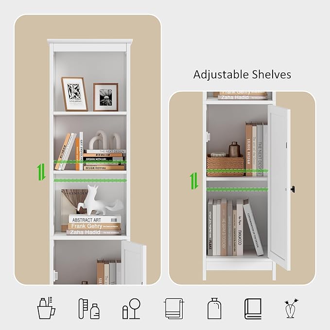 RRX Tall Bathroom Storage Cabinet,Slim Cabinet with Door &Shelf,13.8" L*12.6" W*63.4" H,Freestanding Narrow Cabinet with Anti-Tip,Storage for Kitchen,Entryway (Pure White)