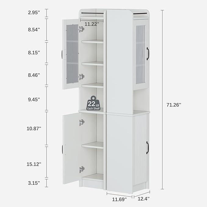 71" H Tall Bathroom Storage Cabinet, Narrow Bathroom Cabinet with Glass Door Slim Cabinet with Adjustable Shelf Skinny Linen Tower Thin Linen Storage for Small Space, Cream White