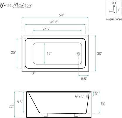 Voltaire 54" X 30" Right-Hand Drain Alcove Bathtub with Apron