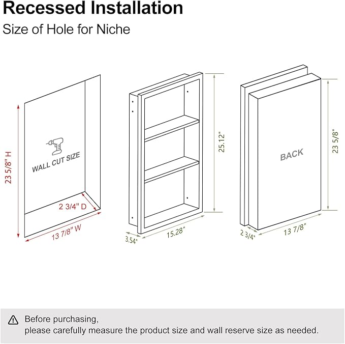 Bathroom Medicine Cabinet Recessed,14x24 Black Shower Niche for Shower Wall,Surface Mount Medicine Cabinet Replacement Shelves,Recessed Wall Niche for Over Toilet Storage/Living Room/Hallway