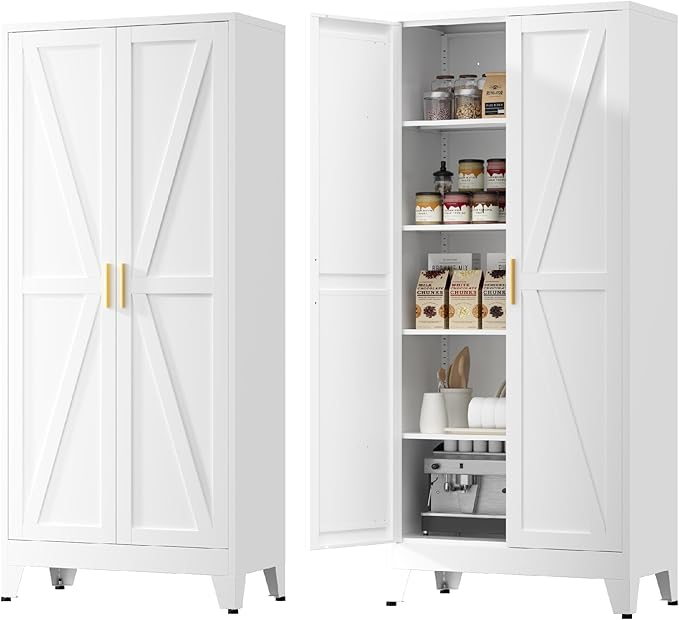 Metal Cabinets with Barn Doors and Adjustable Shelves,71" Tall Storage Cabinet,5-Tier Storage Cupboard for Kitchen,Dining Room,Garage,Bathroom,White