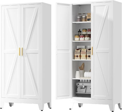 Metal Cabinets with Barn Doors and Adjustable Shelves,71" Tall Storage Cabinet,5-Tier Storage Cupboard for Kitchen,Dining Room,Garage,Bathroom,White